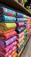 A large pile of colorful fabric on a shelf photo