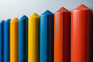 A row of colorful pencils against a white wall photo