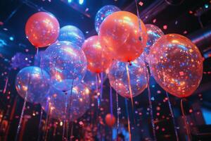 Many balloons are floating in the air with confetti photo
