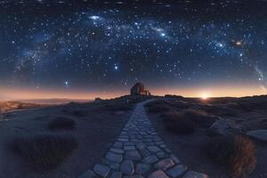 The milky way over a stone path in the desert photo