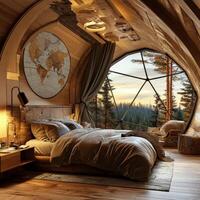 A bedroom with a bed and a large globe on the wall photo