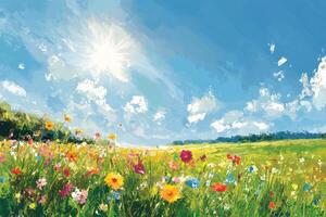 A painting of a field with flowers and sun photo