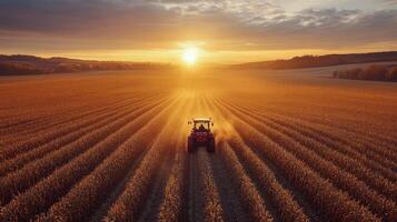 Tractor in the field at sunset photo
