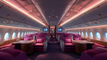A large airplane with purple seats and a tv photo
