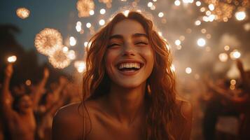 A woman is smiling while holding sparklers photo