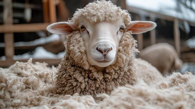 un oveja es sentado en un pila de lana foto