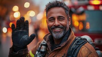 A smiling man in a fireman uniform waving photo