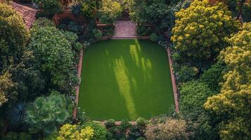 An aerial view of a lush green lawn photo
