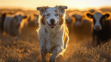 A dog running in a field of cows photo
