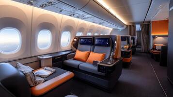 The interior of an airplane with orange and black seats photo