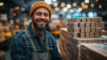 A smiling man in a warehouse with boxes photo