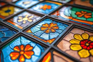 Colorful stained glass window with flowers photo