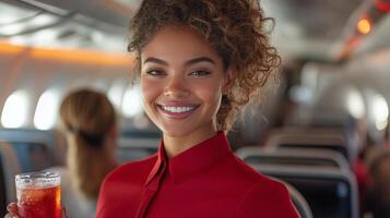 A woman in a red dress holding a drink on an airplane photo