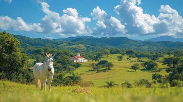 A white horse standing in a field with a church in the background photo