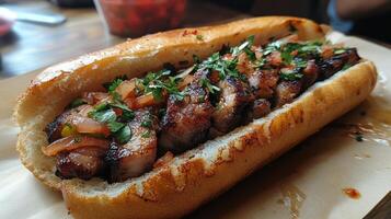 A sandwich with meat and vegetables photo