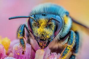 A close up of a bee with yellow and black markings photo