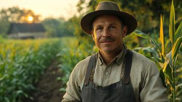A man in a hat standing in a corn field photo