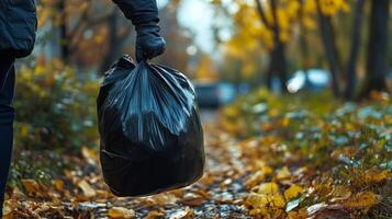 A person in black gloves carrying a black garbage bag photo