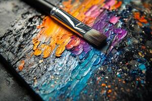 A brush is sitting on top of a paint palette photo