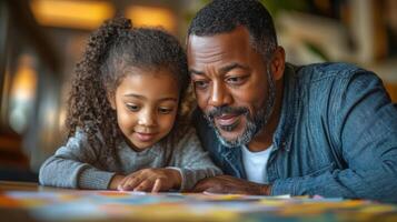 An african american father and daughter playing with puzzles photo
