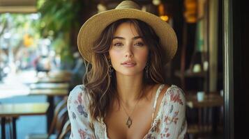 A woman wearing a hat sitting at a table photo