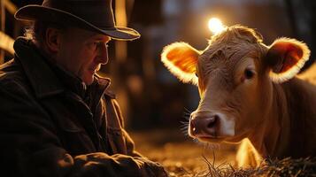 A man in a hat is looking at a cow photo