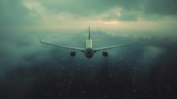 A large airplane flying over a city photo