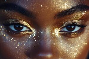 A close up of a woman's face with gold glitter photo