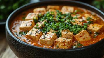 Chicken and tofu in a bowl with sauce photo
