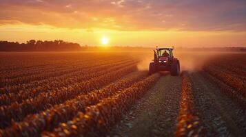 A tractor is driving through a field at sunset photo