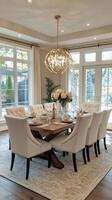 A formal dining room with white chairs and a chandelier photo