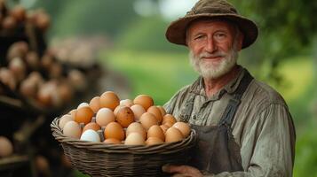 An old man holding a basket full of eggs photo