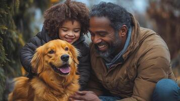 A man and a child are smiling while holding a dog photo