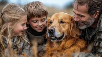 A man and two children are laying in a field with a dog photo