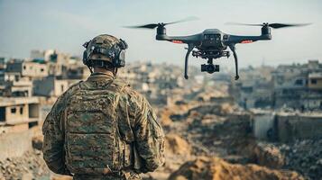 A soldier is looking at a drone in the air photo