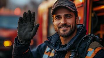 A smiling man in a fireman's uniform waving photo