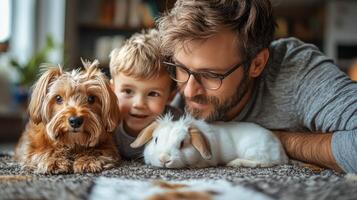 A man and two children laying on a rug with a dog and rabbit photo