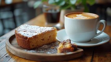 A piece of cake and a cup of coffee on a table photo