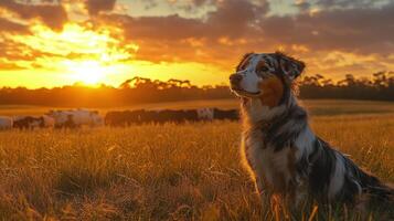 A dog sitting in a field with cows in the background photo