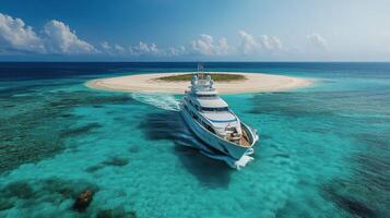 A yacht is sailing in the ocean near an island photo