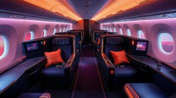 The inside of an airplane with orange lighting photo