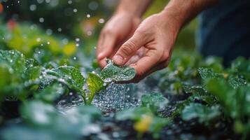 A person is watering a plant with water photo