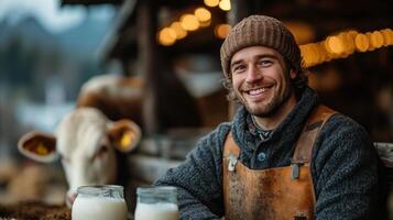 A smiling man with milk in front of a cow photo