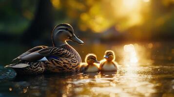 A duck and her two ducklings swimming in the water photo