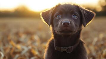 A brown puppy is standing in a field photo