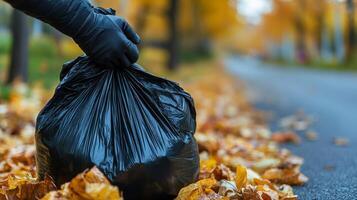A person in gloves picking up a black garbage bag photo