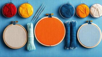 A variety of different colored embroidery threads on a blue background photo