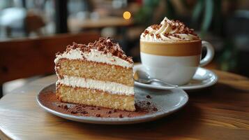 A slice of cake and a cup of coffee photo