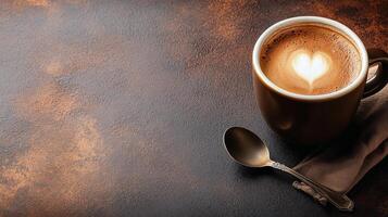 Coffee with heart shape on brown background photo