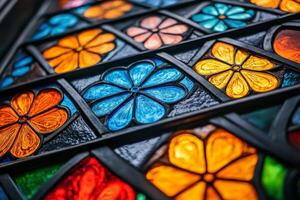 Colorful stained glass window with flowers photo